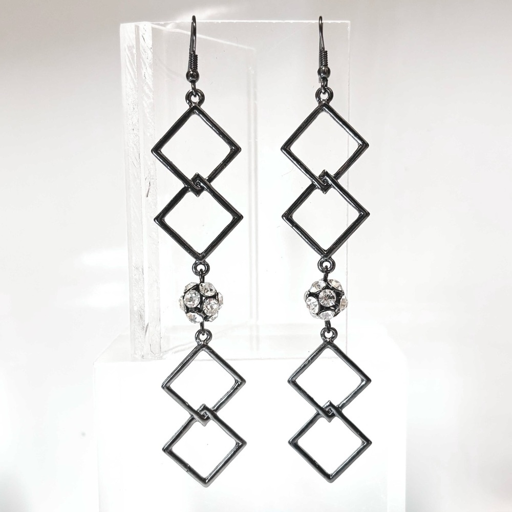 NEW - Sam Edelman Chic Geometric Gunmetal Dangle Earrings w Rhinestone Accent